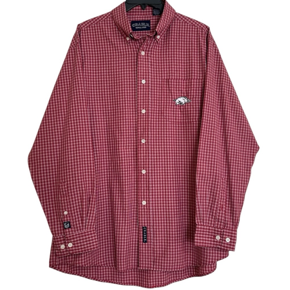 Arkansas Razorbacks Men’s Crable Plaid Red Button Down Sz L Gameday Football
